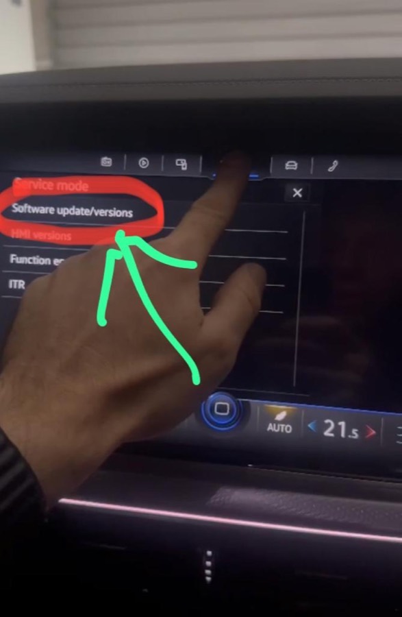 Car service menu listing Service mode, Software update slash versions circled, and HMI versions