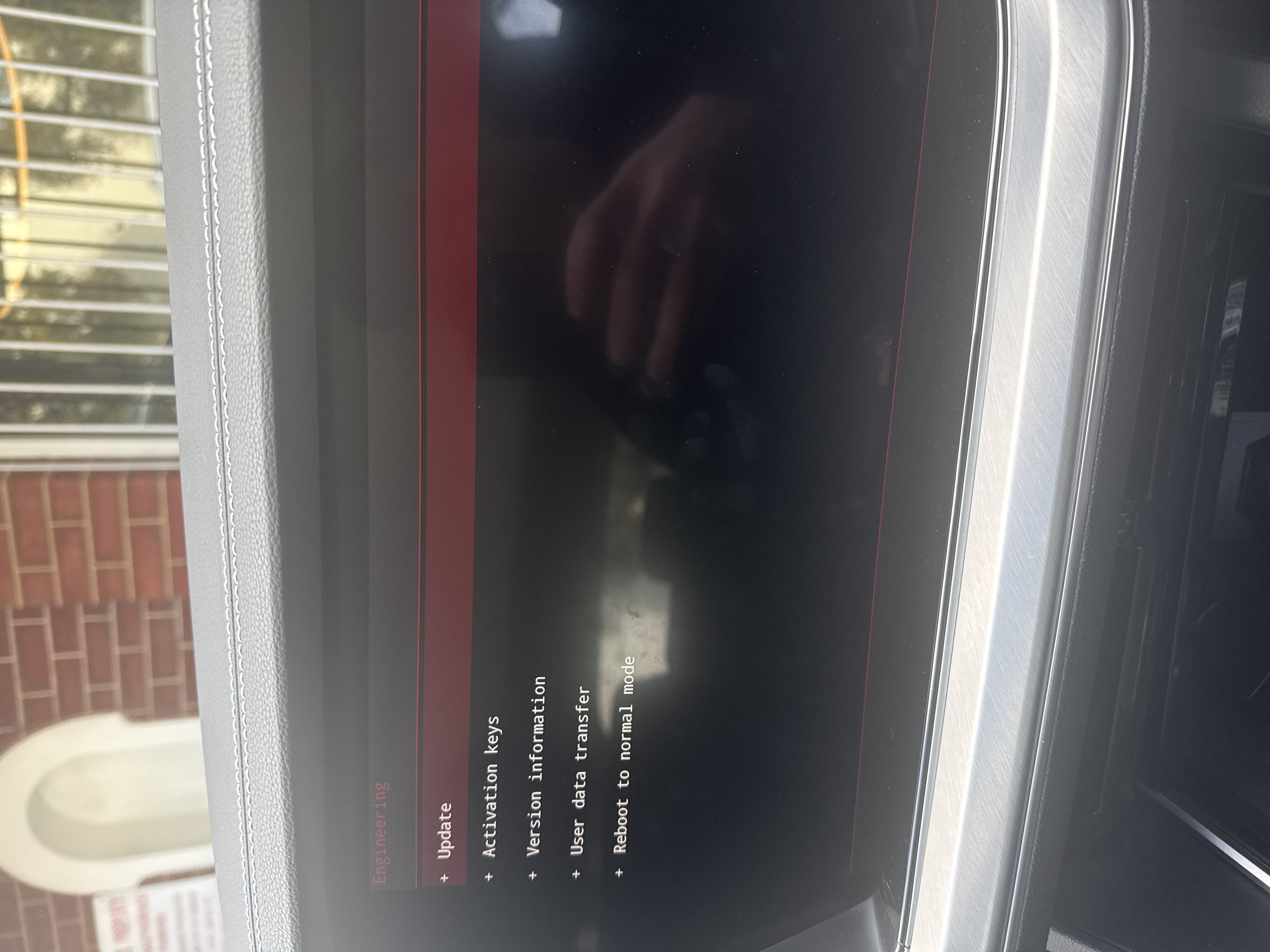 Engineering menu listing Update, Activation keys, Version information, User data transfer, Reboot to normal mode
