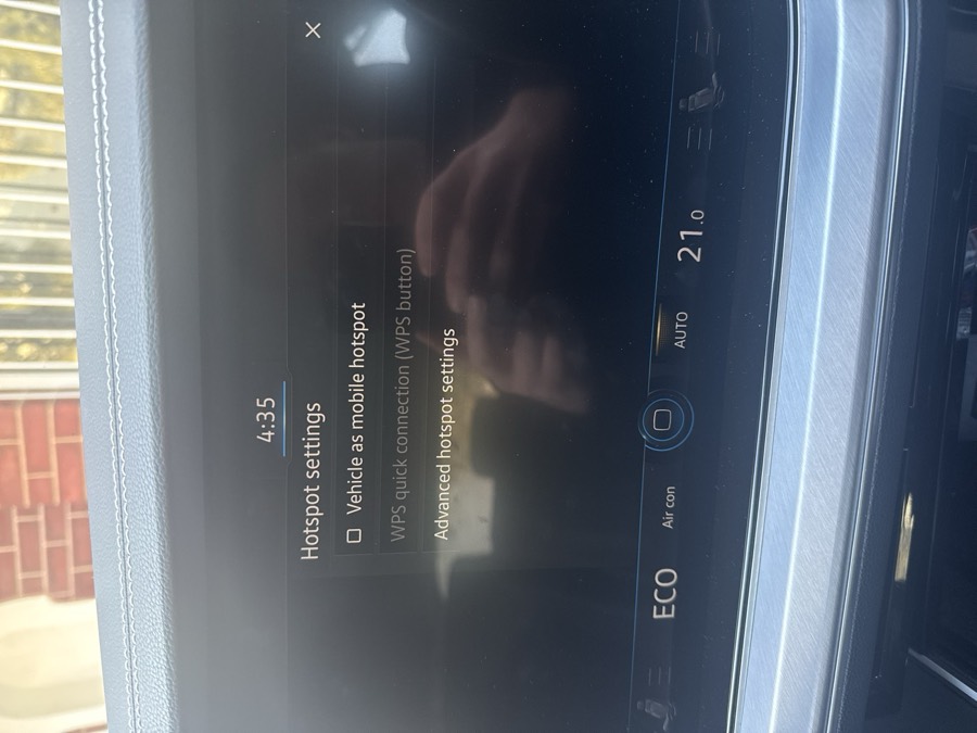 Car Hotspot settings screen with an empty checkbox labelled Vehicle as mobile hotspot at the top